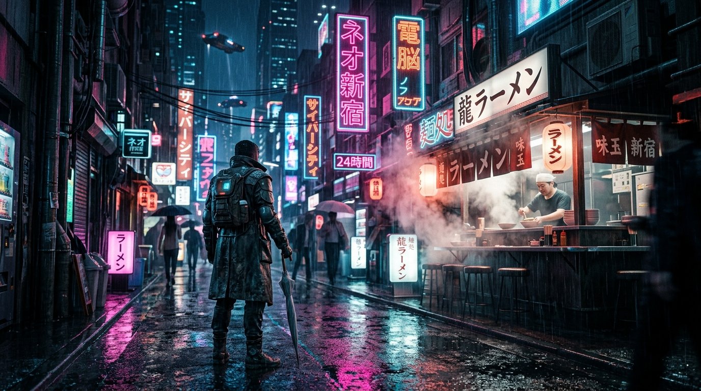 Cinematic Rain-slicked Cyberpunk Street