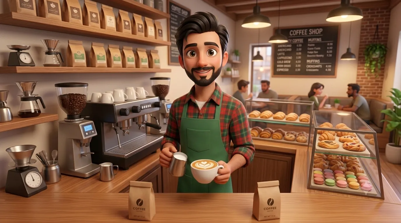 Friendly Barista in Cozy Coffee Shop, Pixar Style
