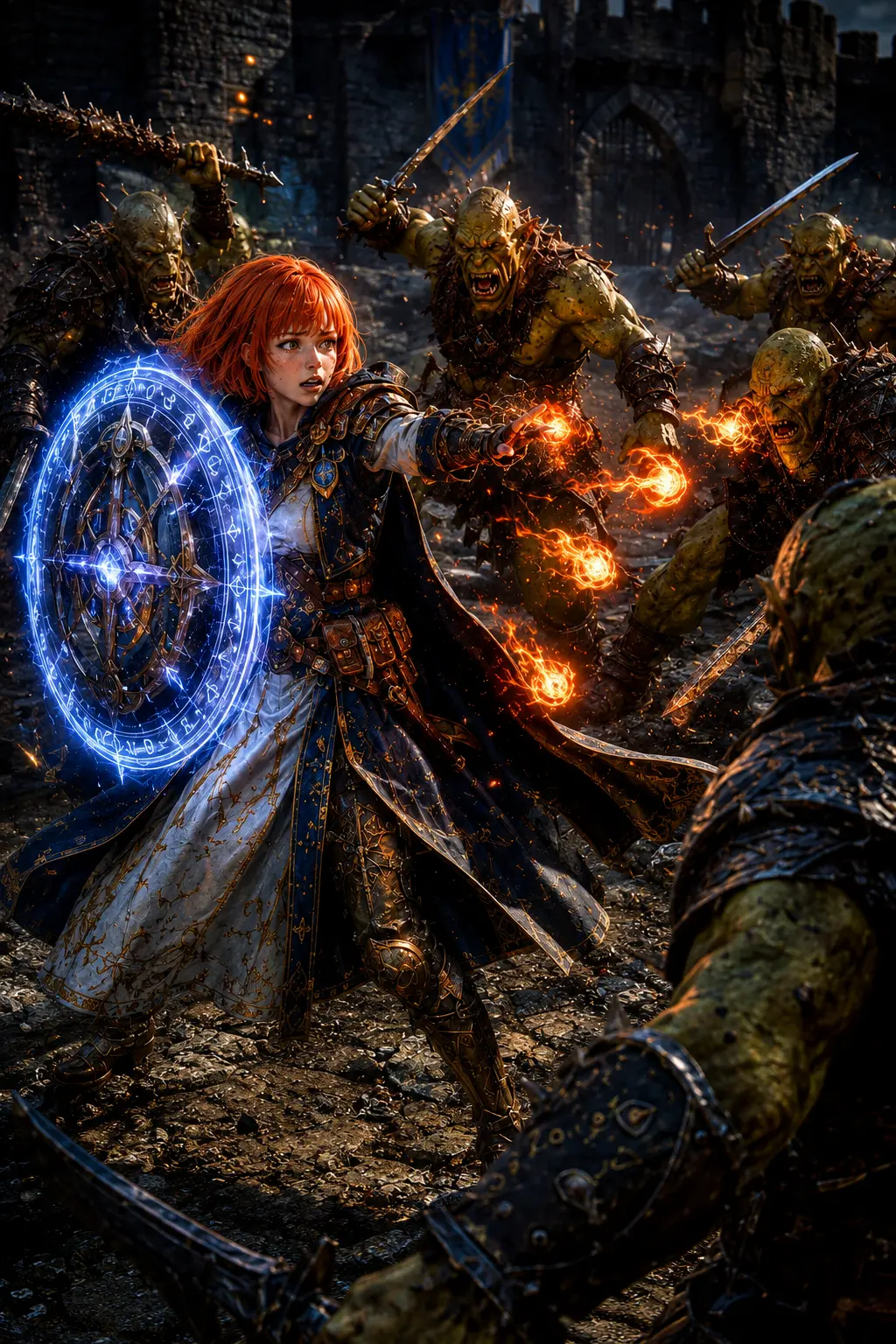 Epic Fantasy Mage Battles Orc Horde with Arcane Shield