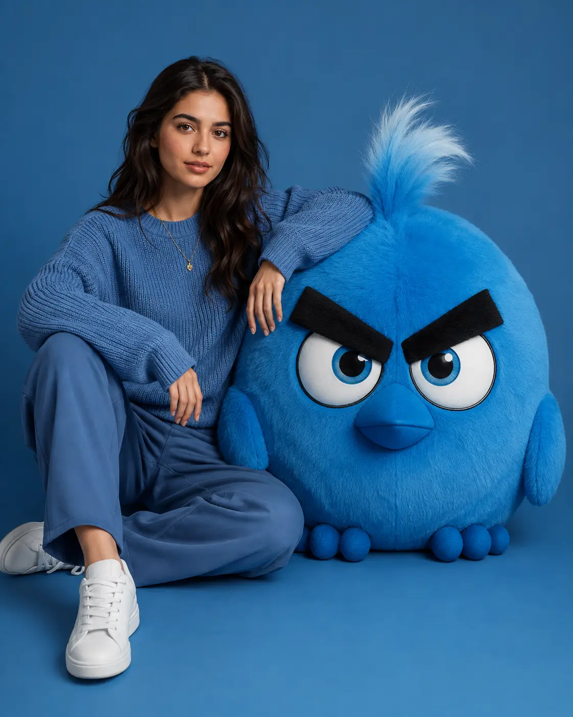 Blue Fashion Portrait with Giant Fluffy Bird