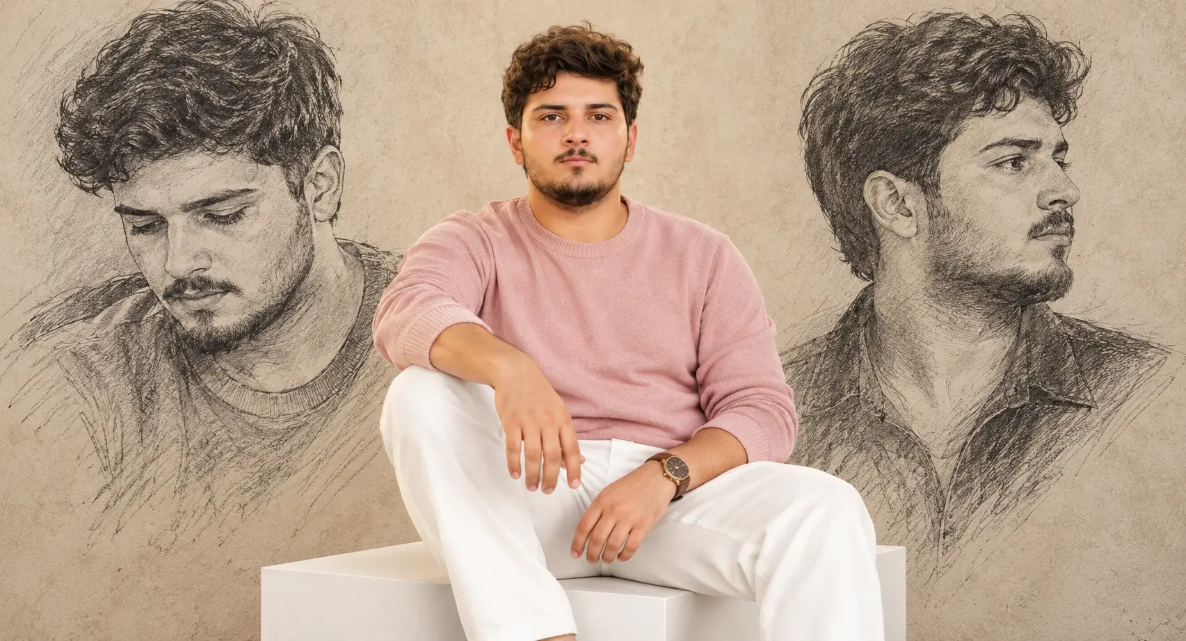 Handsome man, wavy brown hair, light beard