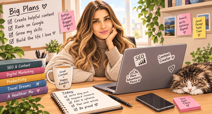 SEO Content Creator at Work – Cozy Digital Workspace